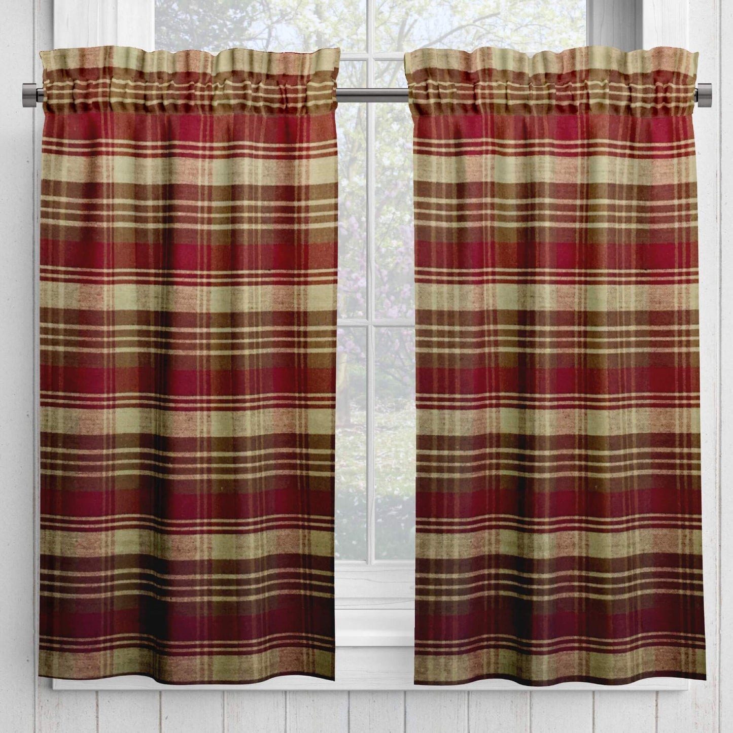 Red, Brown, and Tan Plaid Homespun Valances Cafe Curtains pattern 1081