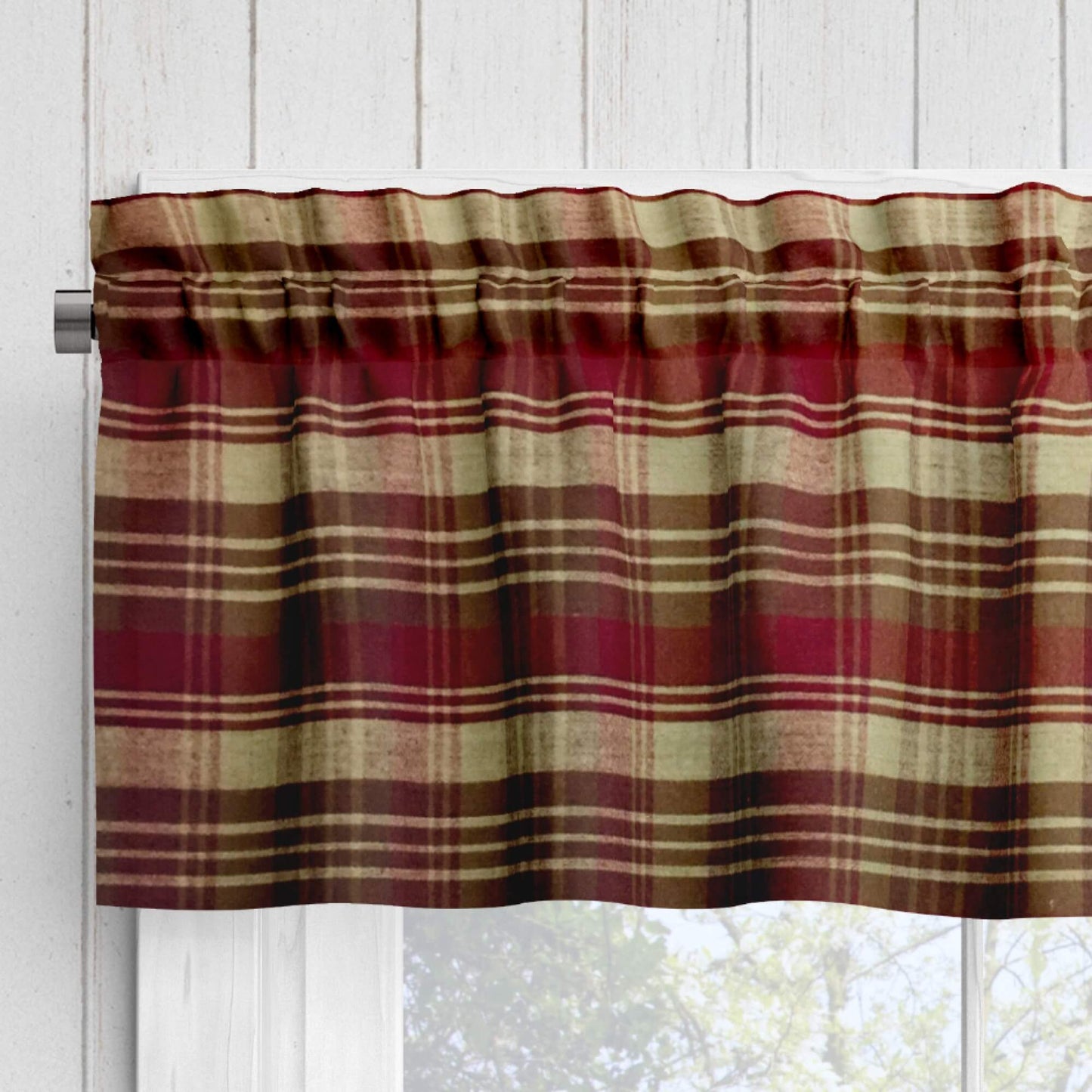 Red, Brown, and Tan Plaid Homespun Valances Cafe Curtains pattern 1081