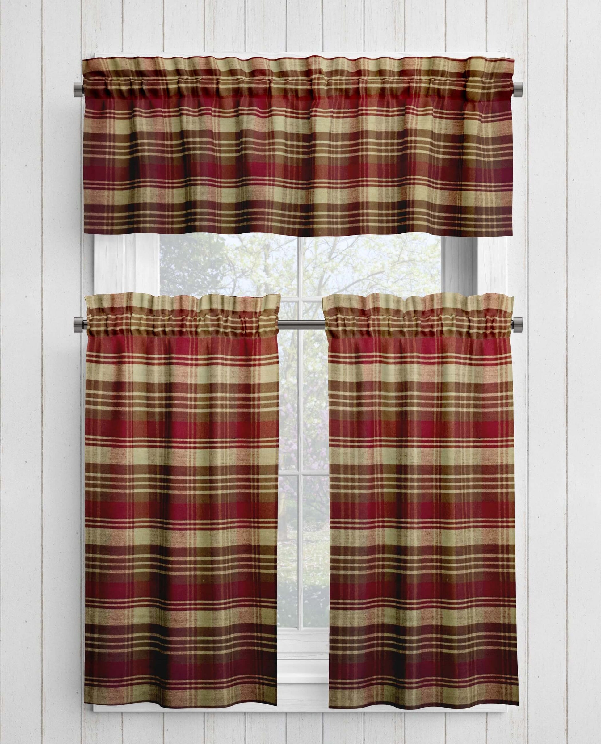 Red, Brown, and Tan Plaid Homespun Valances Cafe Curtains pattern 1081