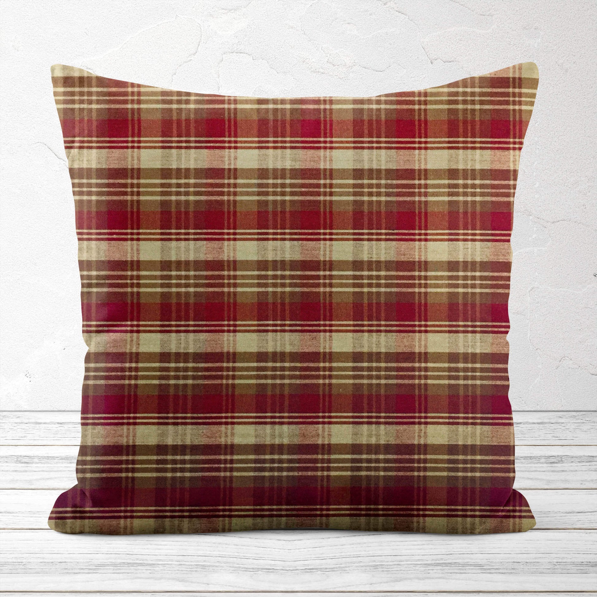 Red, Brown, and Tan Plaid Homespun Throw Pillow Covers