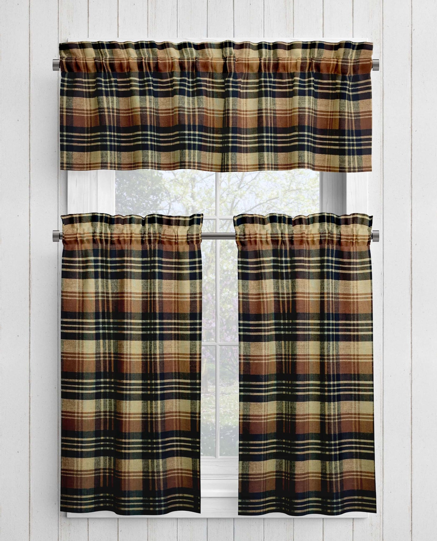 Black, Brown, and Tan Plaid Homespun Valances Cafe Curtains pattern 1083