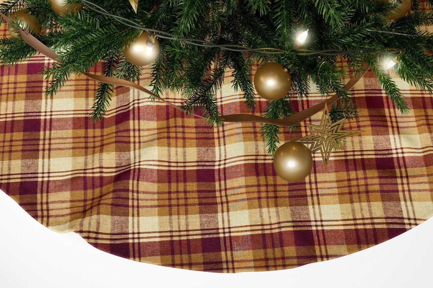 Red, Mustard, and Cream Homespun Plaid Christmas Tree Skirts pattern 1085