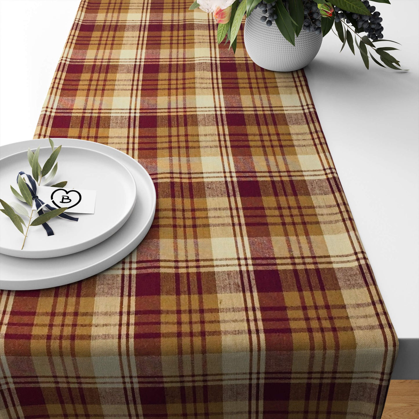 Burgundy Red, Mustard Gold, and Cream Plaid Homespun Table Runners