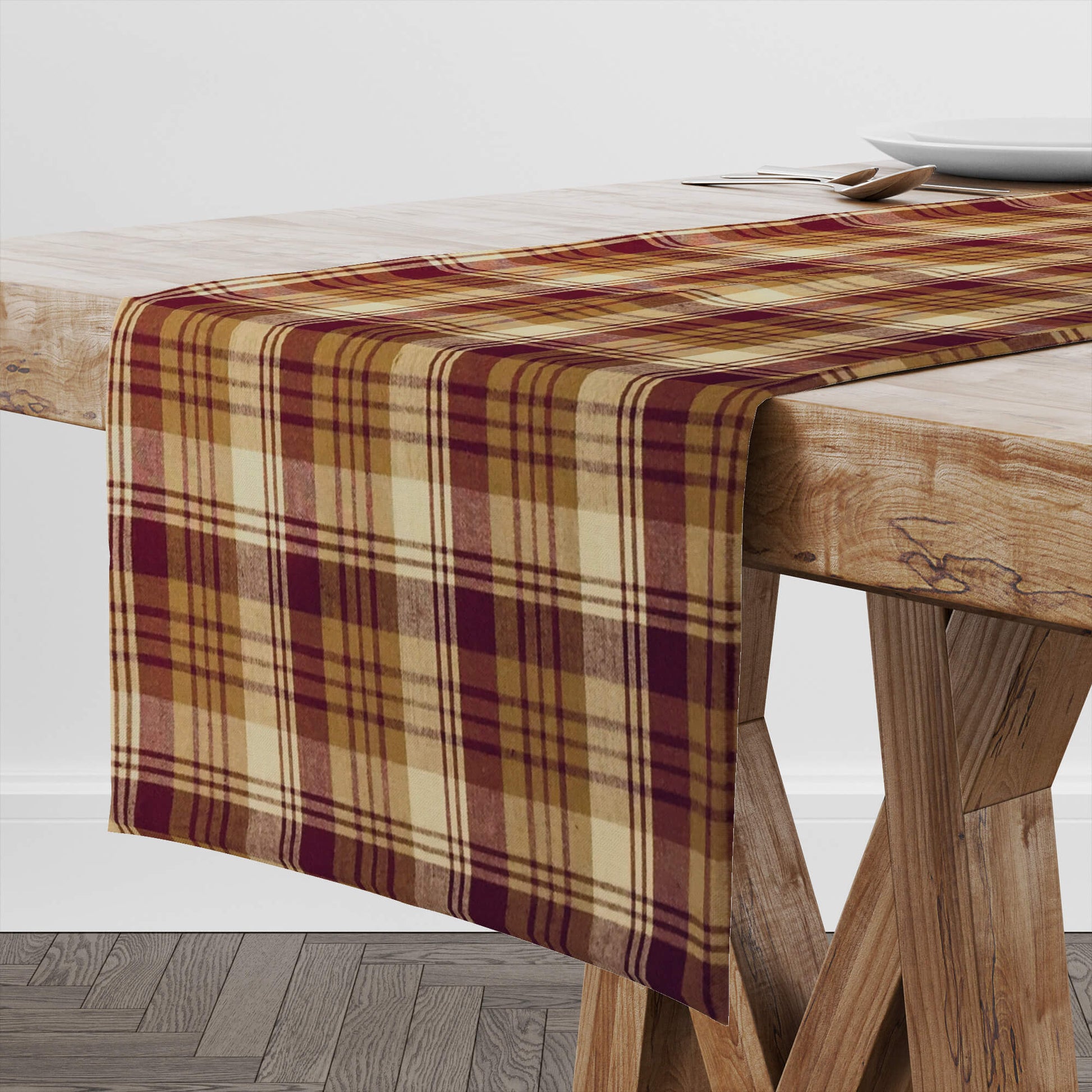 Burgundy Red, Mustard Gold, and Cream Plaid Homespun Table Runners