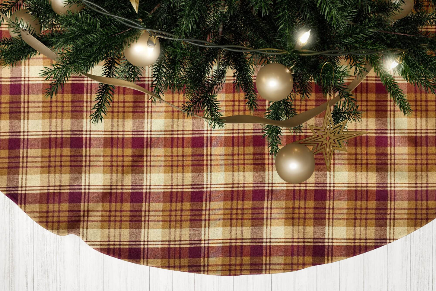 Red, Mustard Gold, and Cream Homespun Plaid Christmas Tree Skirts