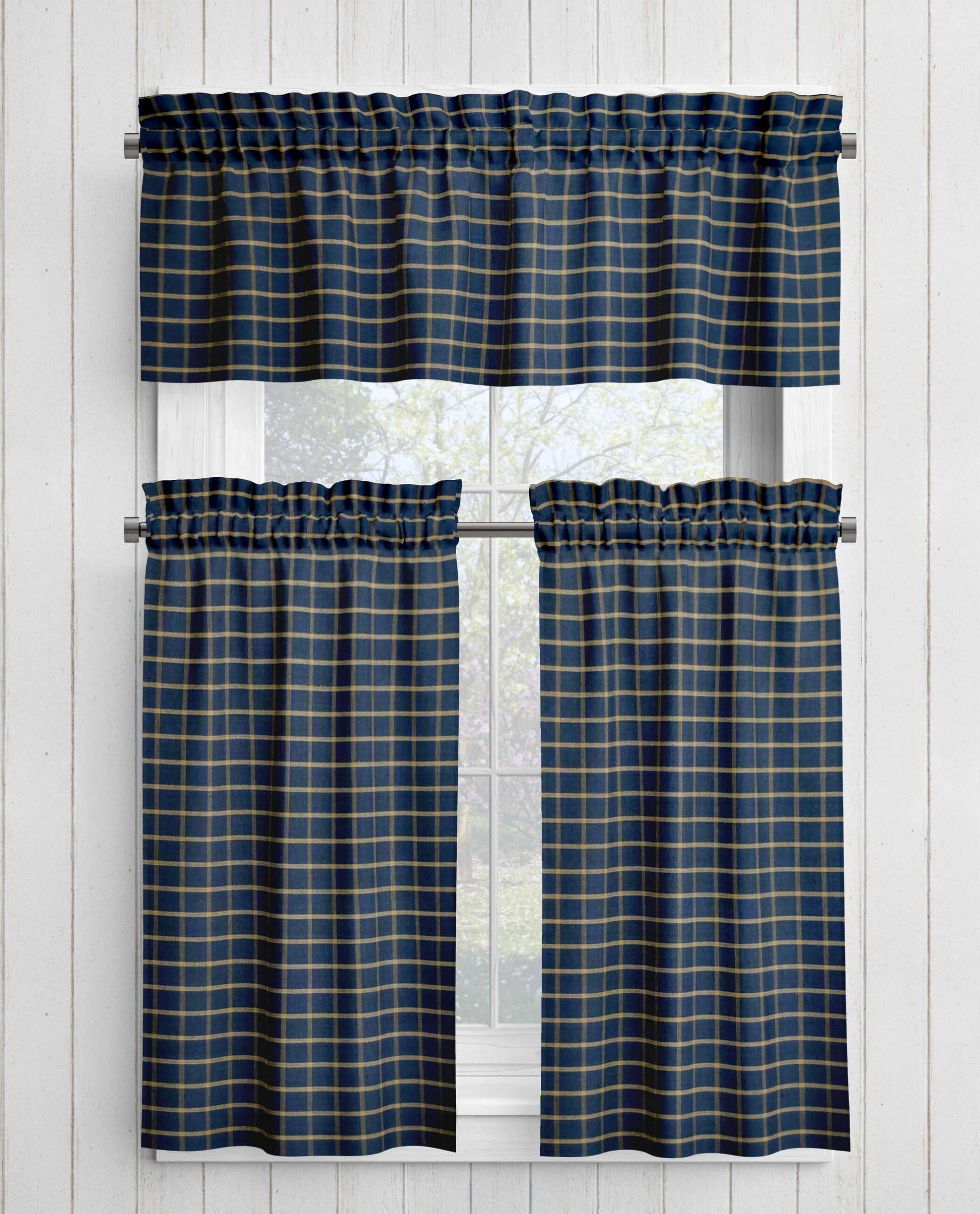 Navy Blue Windowpane Homespun Plaid Valances Cafe Curtains pattern 201