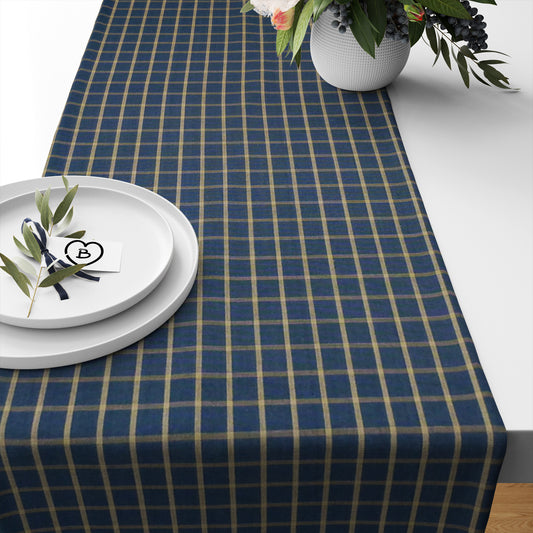 Navy Blue and Tan Windowpane Plaid Homespun Table Runners