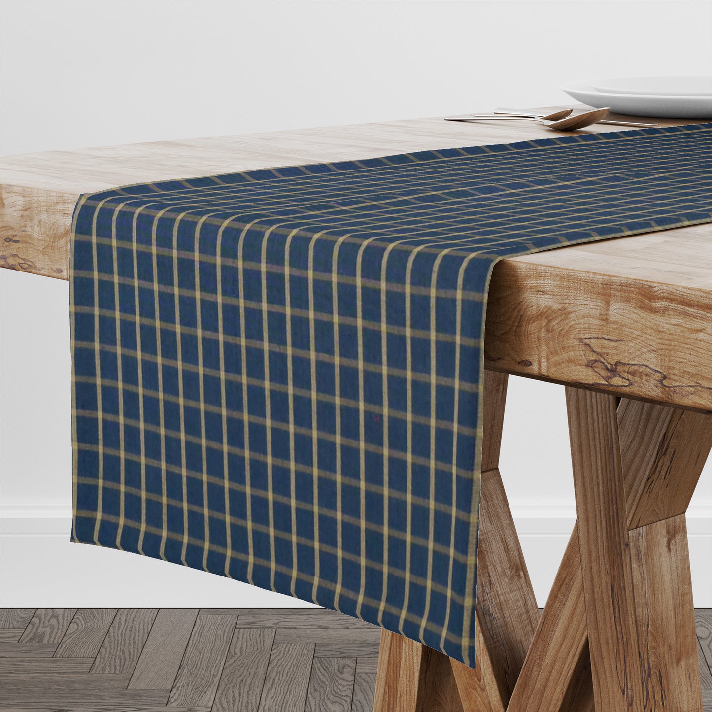 Navy Blue and Tan Windowpane Plaid Homespun Table Runners