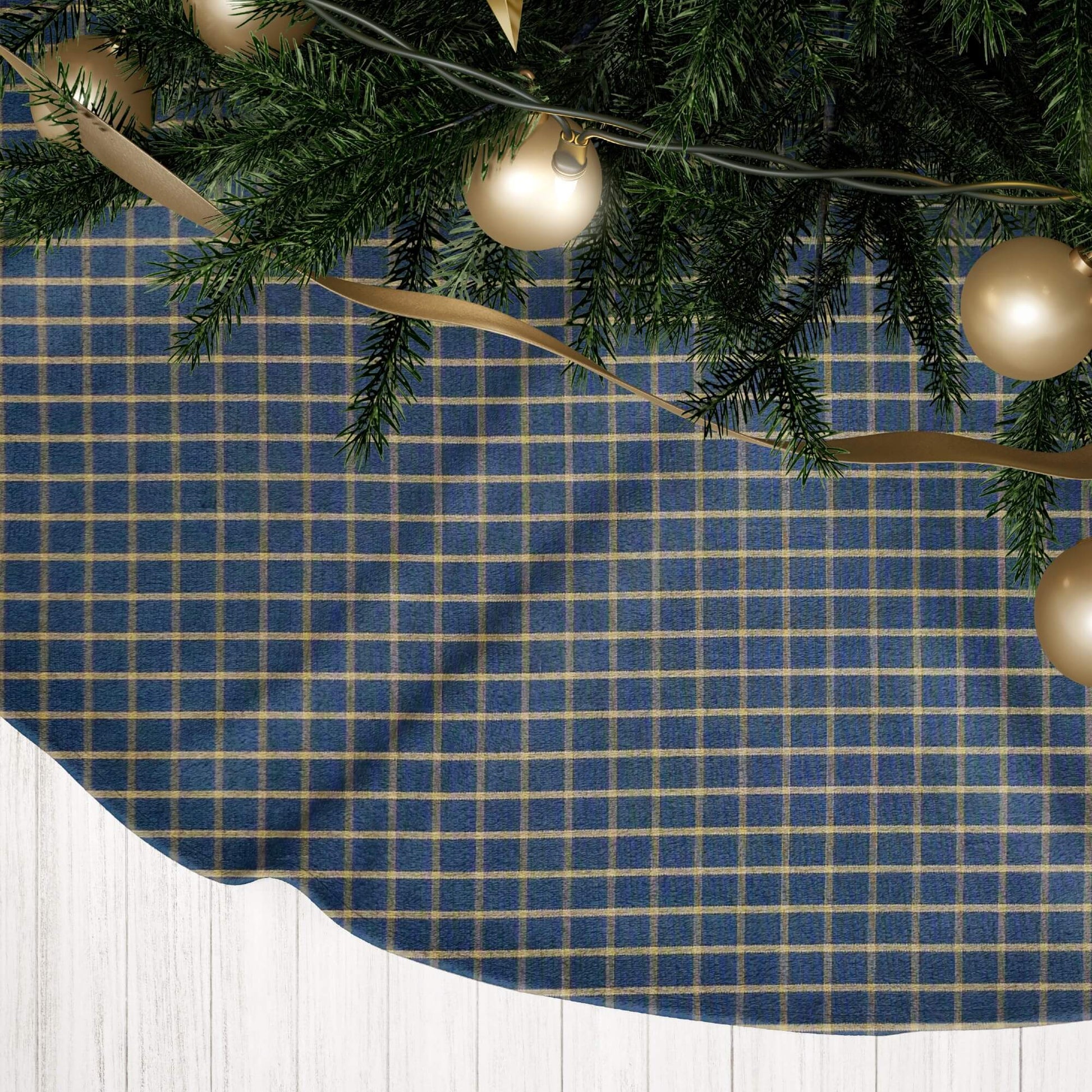 Navy Blue and Tan Homespun Windowpane Plaid Country Christmas Tree Skirts