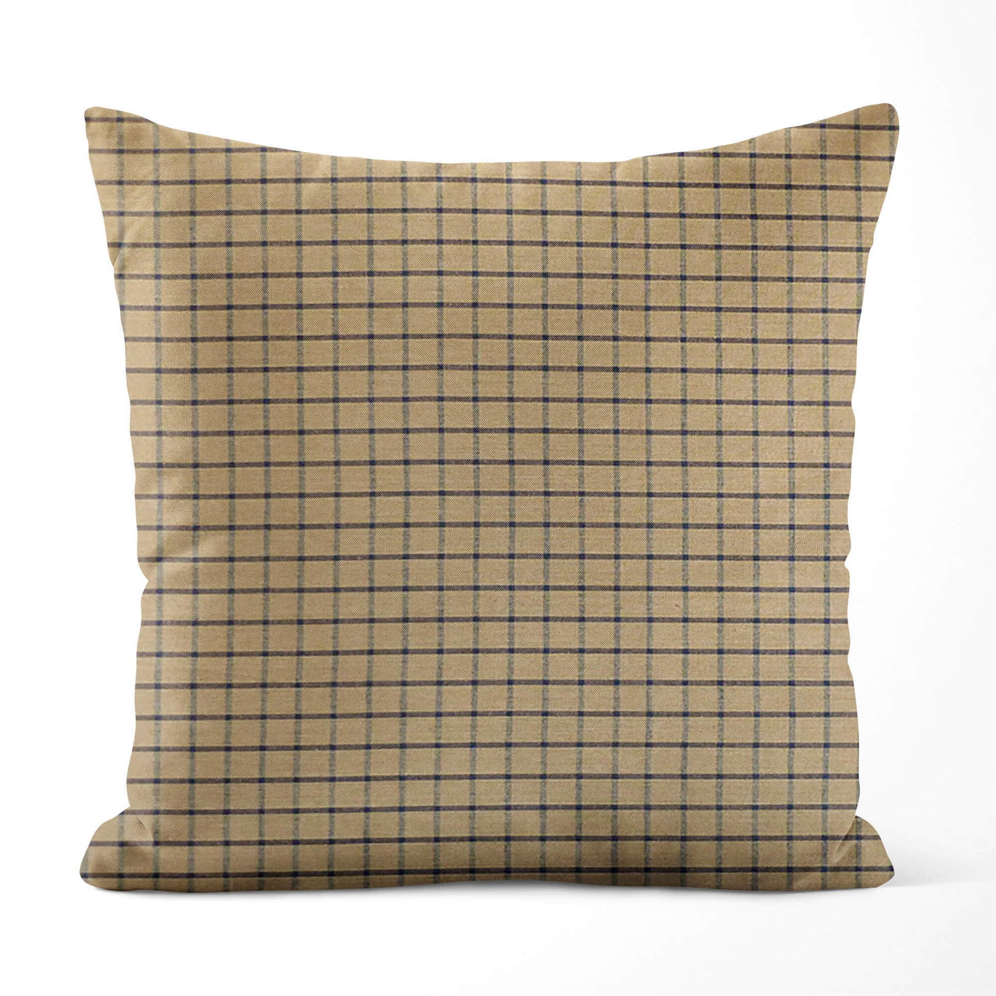 Tan and Navy Blue Windowpane Plaid Homespun Throw Pillow Covers