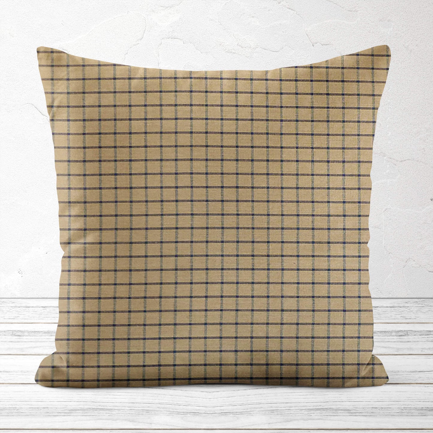 Tan and Navy Blue Windowpane Plaid Homespun Throw Pillow Covers