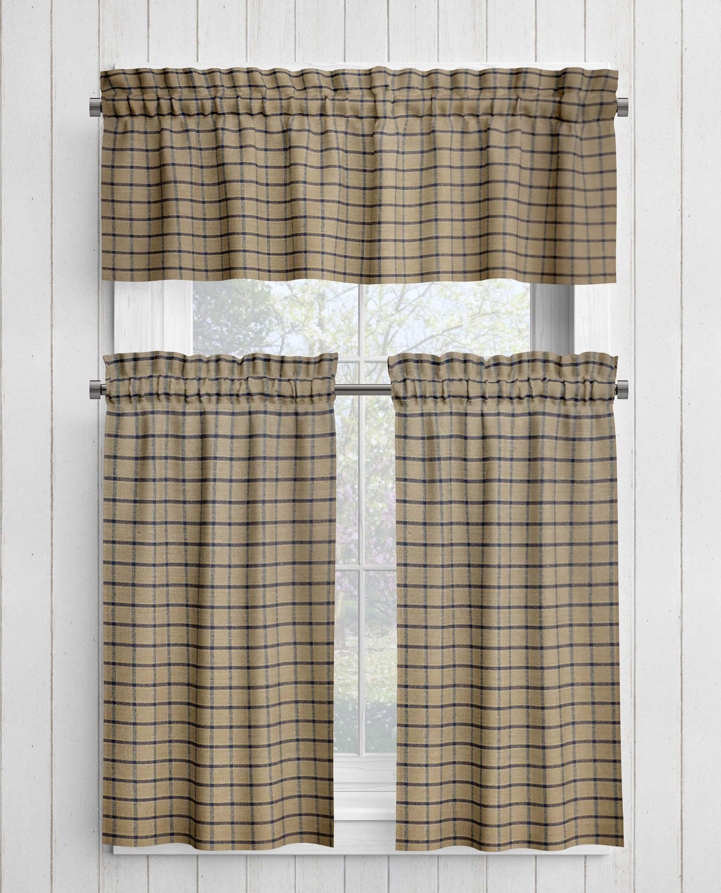 Navy Blue and Tan Windowpane Homespun Plaid Valances Cafe Curtains pattern 20