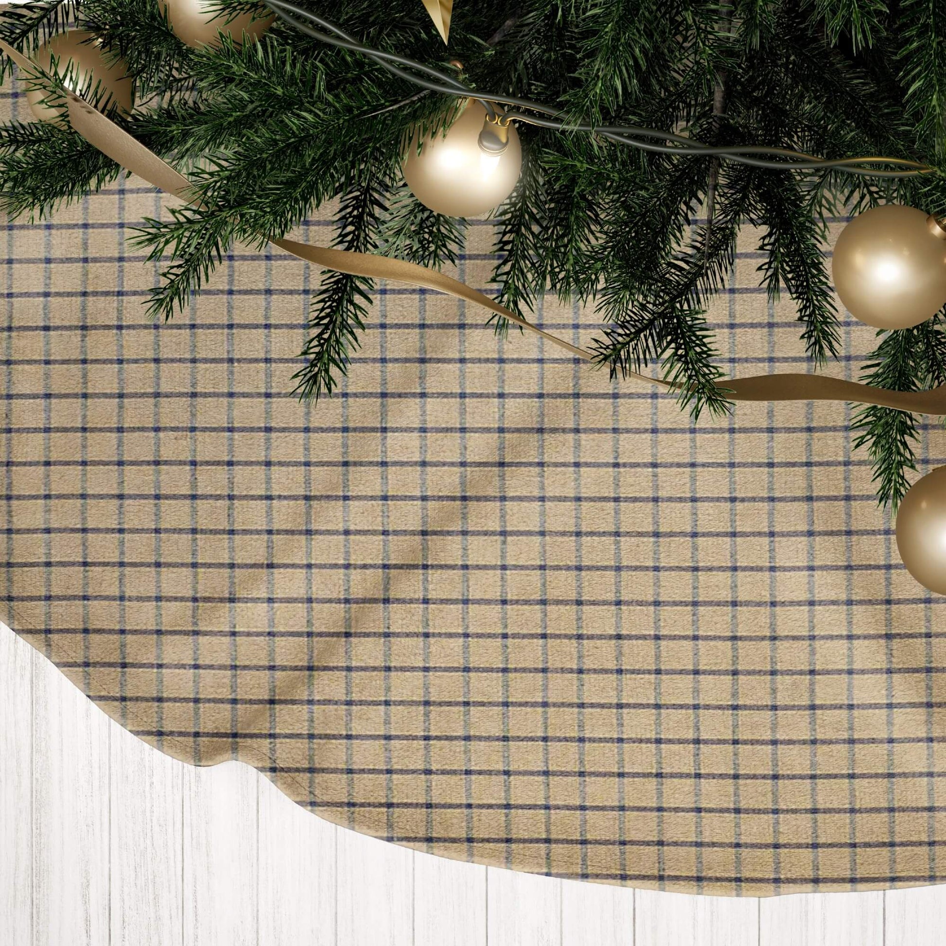 Tan and Navy Blue Homespun Windowpane Plaid Country Christmas Tree Skirts