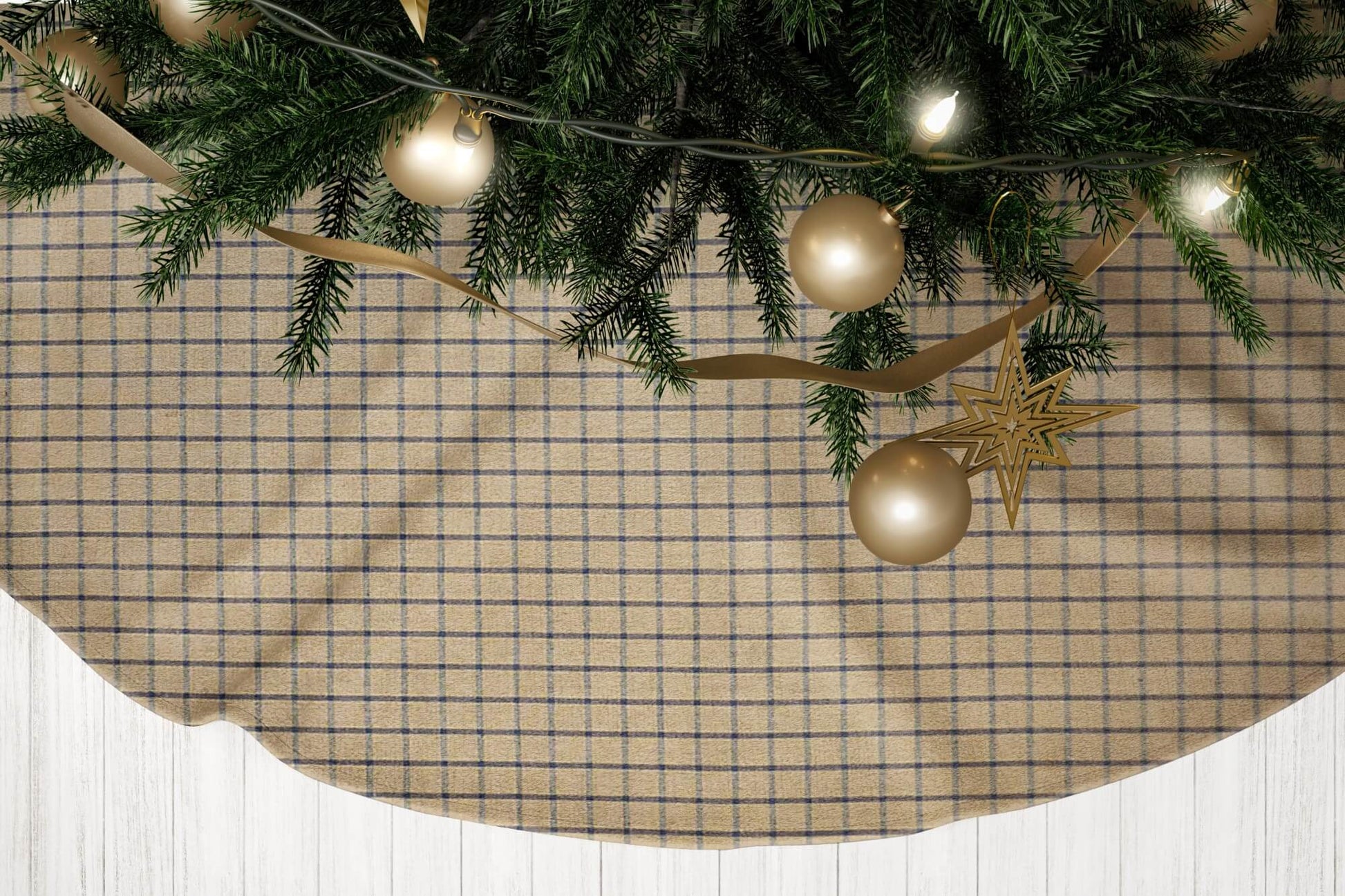 Tan and Navy Blue Homespun Windowpane Plaid Country Christmas Tree Skirts