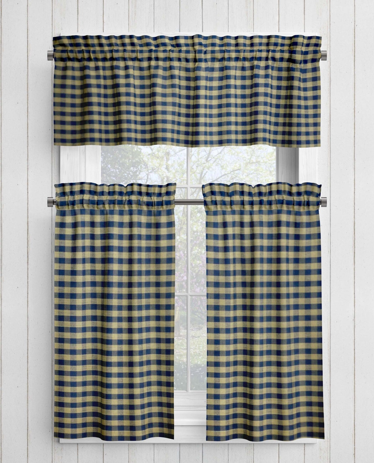 Navy Blue and Tan Check Homespun Valances and Cafe Curtains