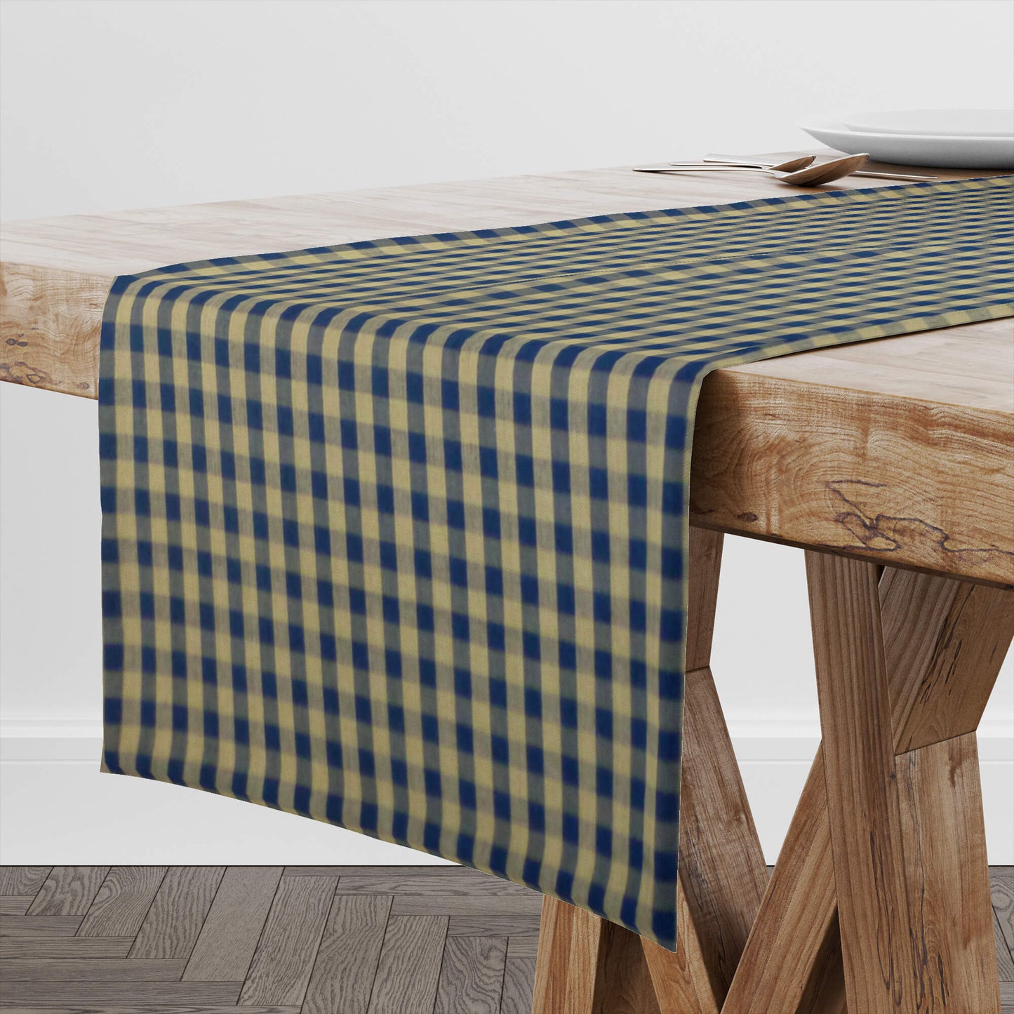 Navy Blue and Tan Check Homespun Table Runners