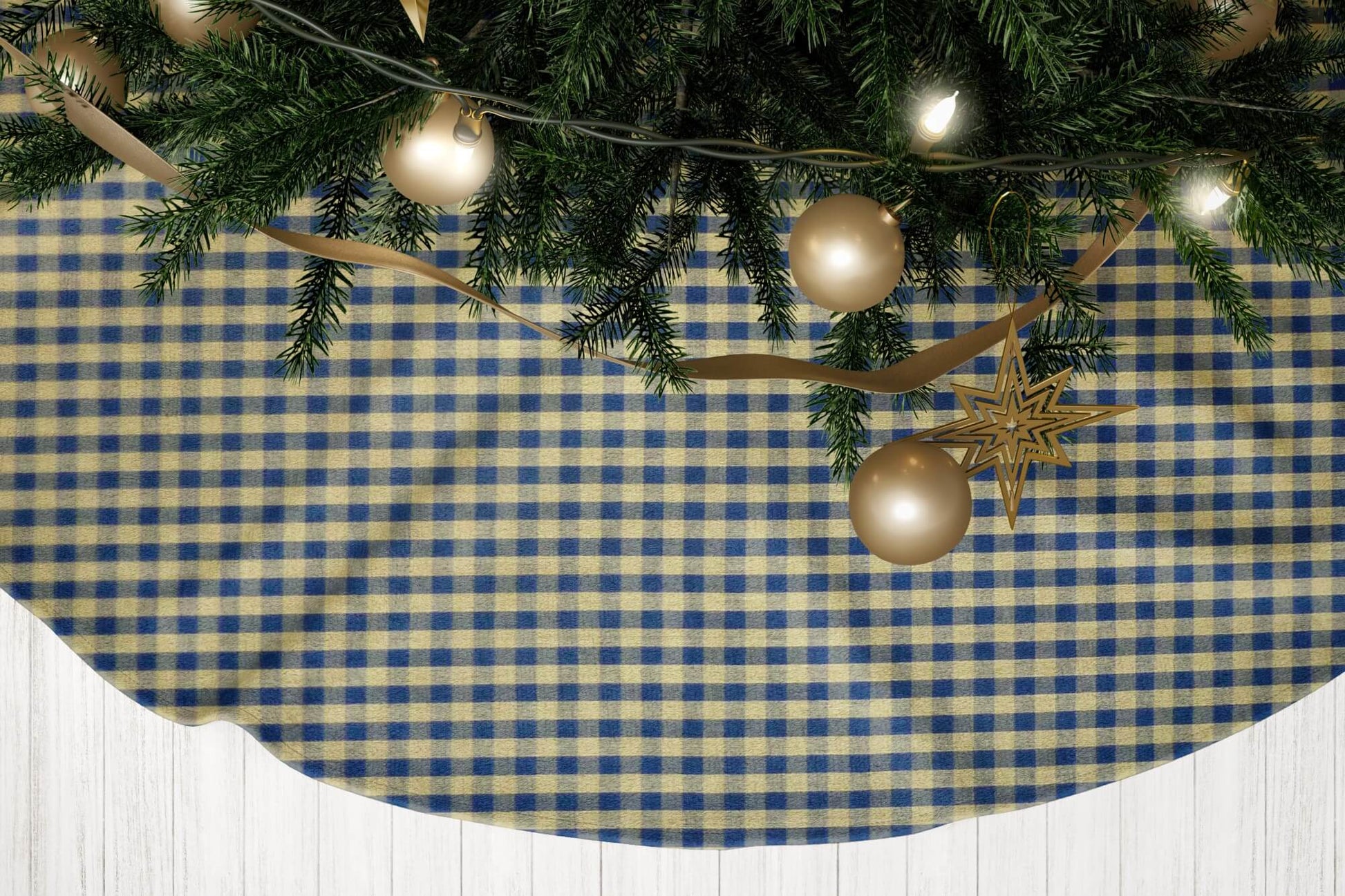 Navy Blue Homespun Check Country Christmas Tree Skirts