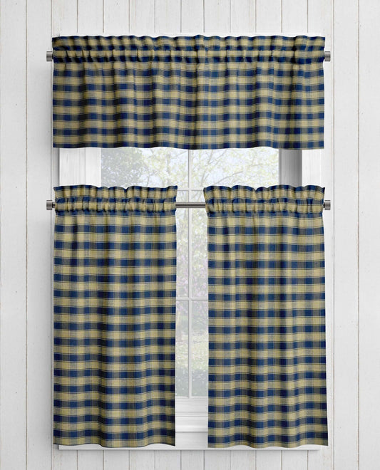 Navy Blue House Check Homespun Valances Cafe Curtains pattern 24