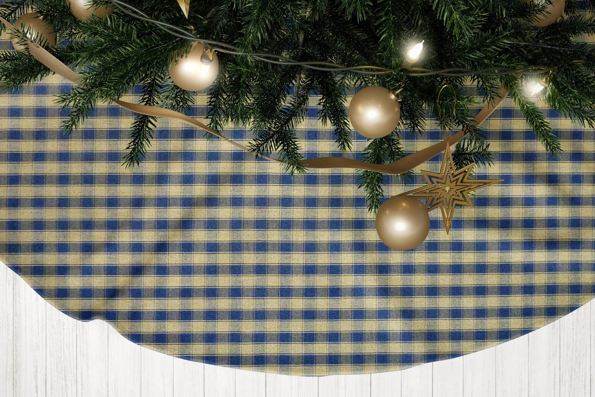 Navy Blue and Tan Homespun Check Country Christmas Tree Skirts