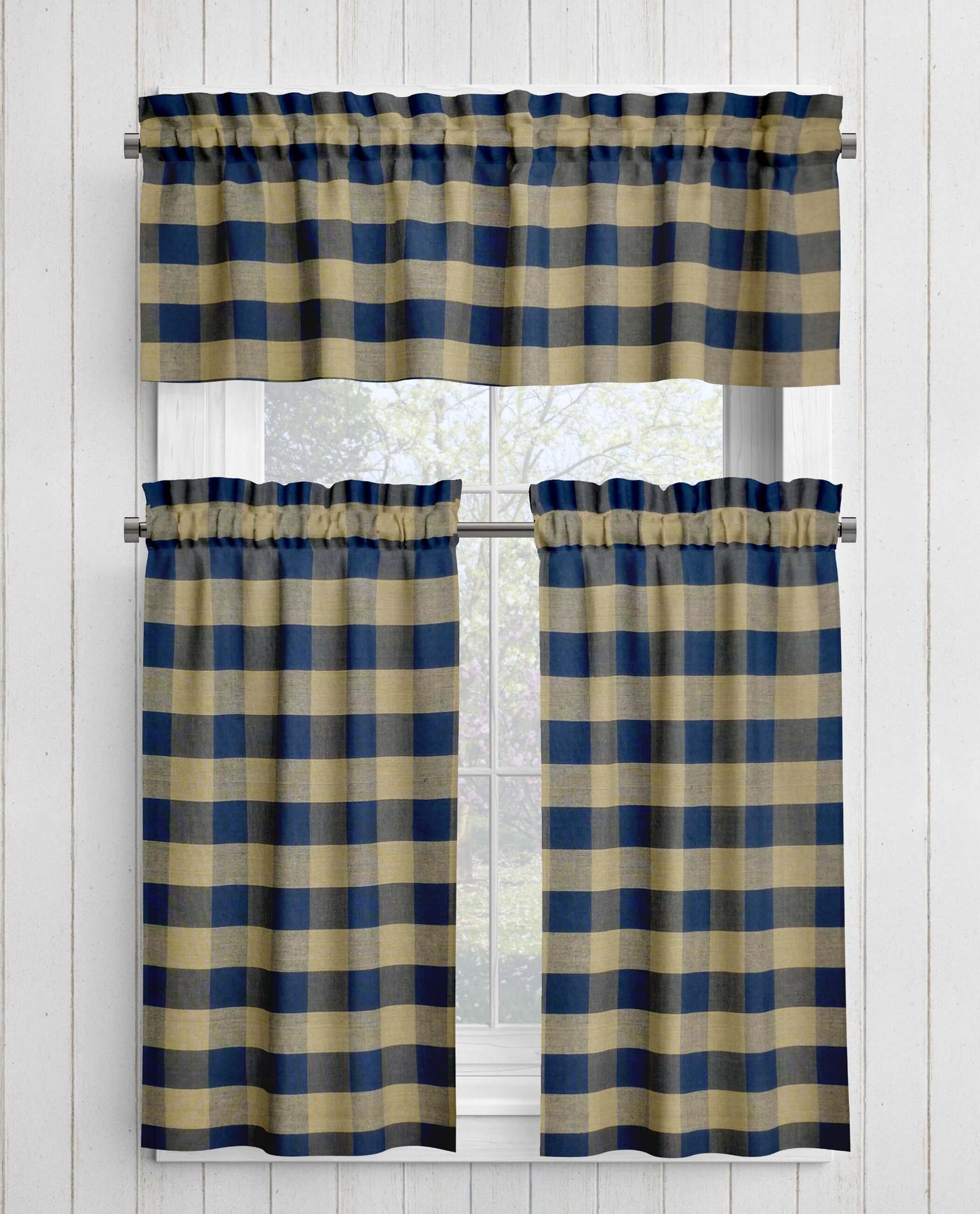 Navy Blue Buffalo Check Homespun Valances Cafe Curtains pattern 290