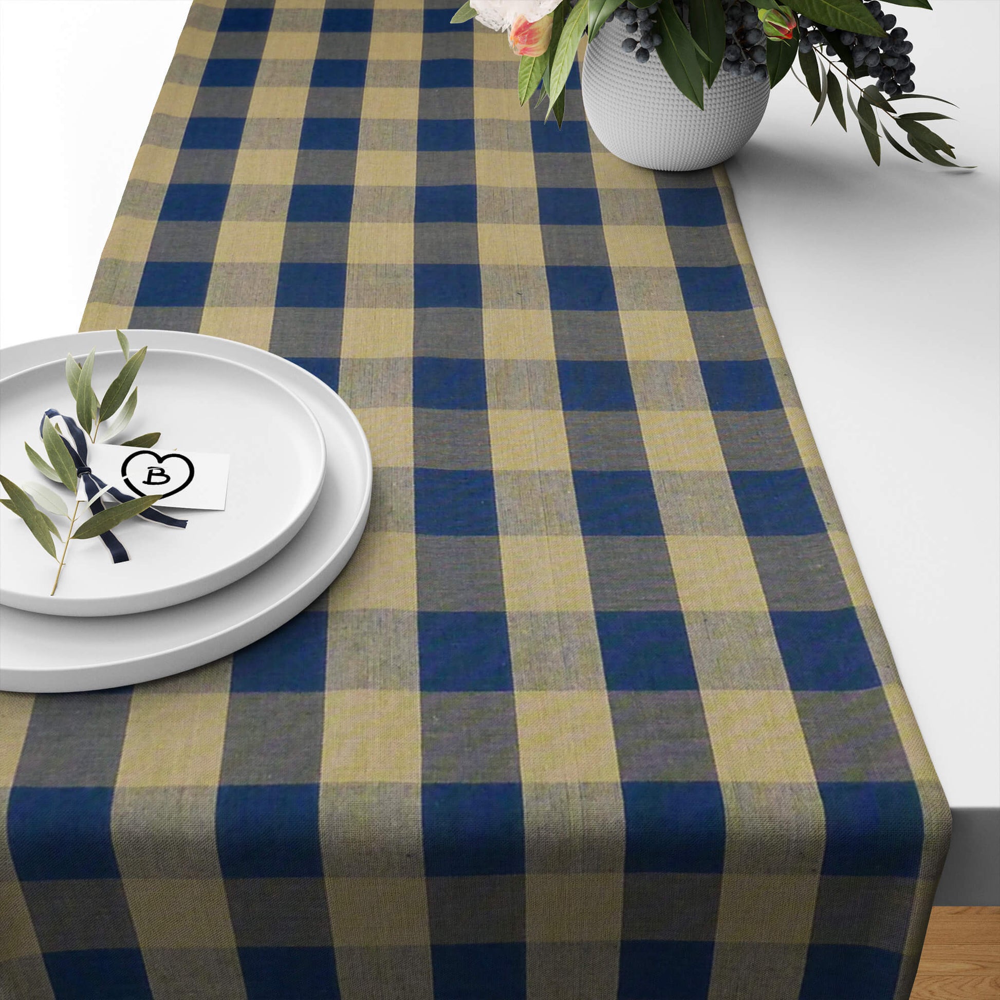 Navy Blue and Tan Buffalo Check Homespun Table Runners