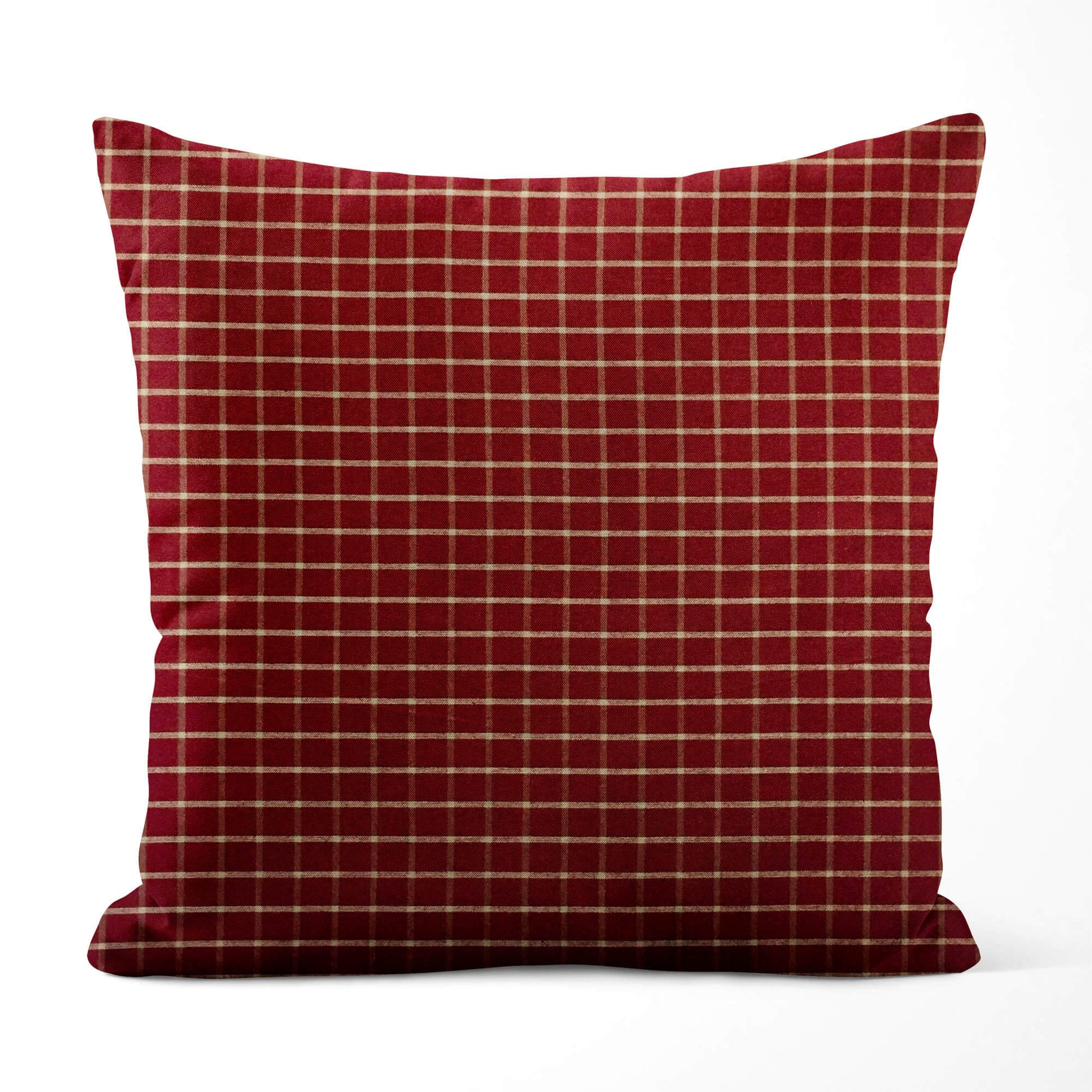 Burgundy Red and Tan Windowpane Plaid Homespun Throw Pillow Covers