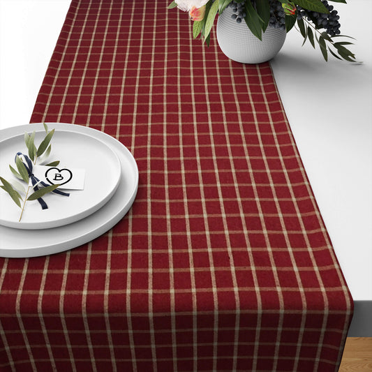 Burgundy Red and Tan Windowpane Plaid Homespun Table Runners