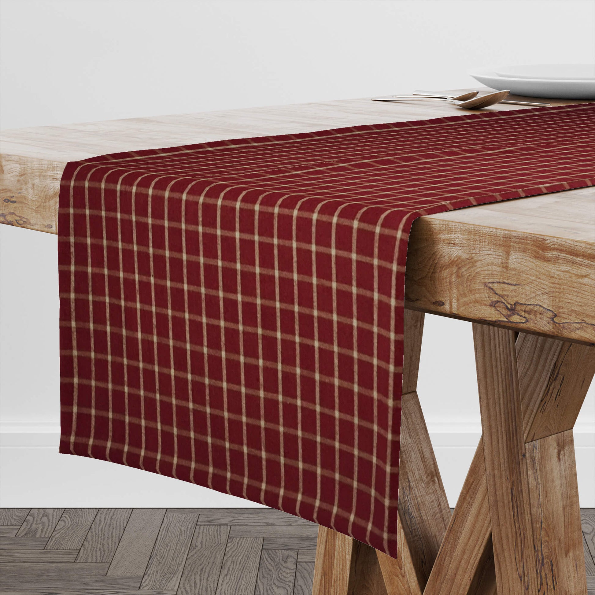 Burgundy Red and Tan Windowpane Plaid Homespun Table Runners