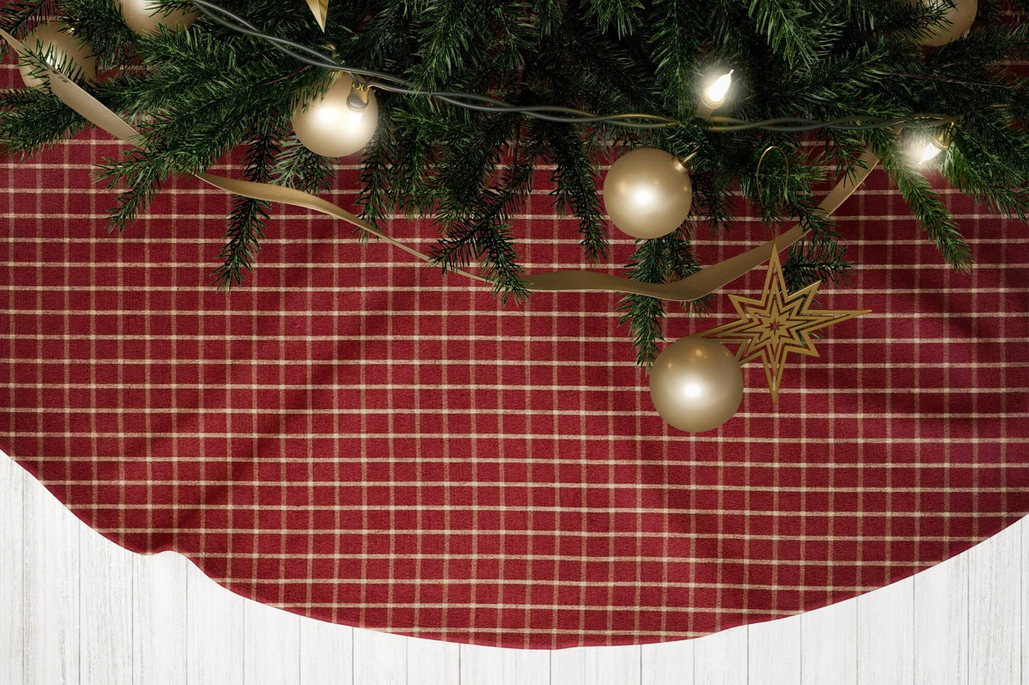 Burgundy Red and Tan Windowpane Plaid Homespun Country Christmas Tree Skirts