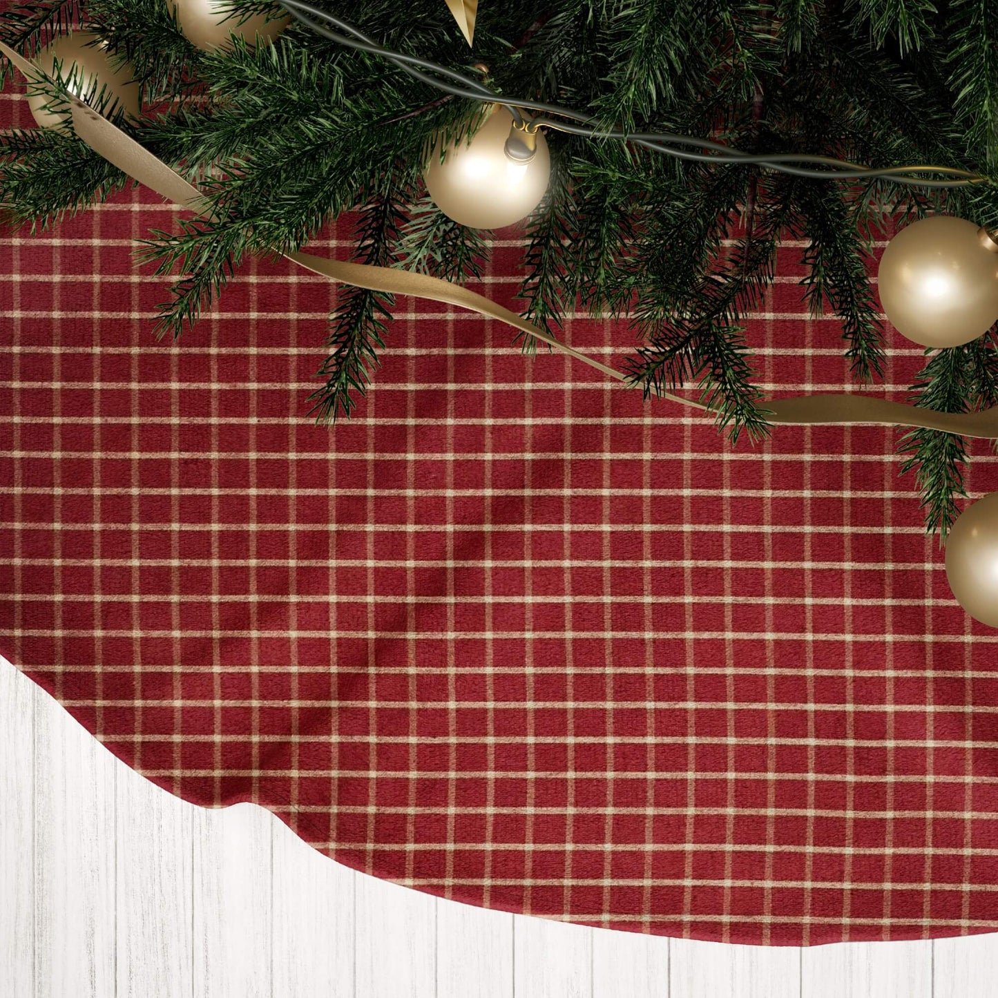 Burgundy Red and Tan Windowpane Plaid Homespun Country Christmas Tree Skirts