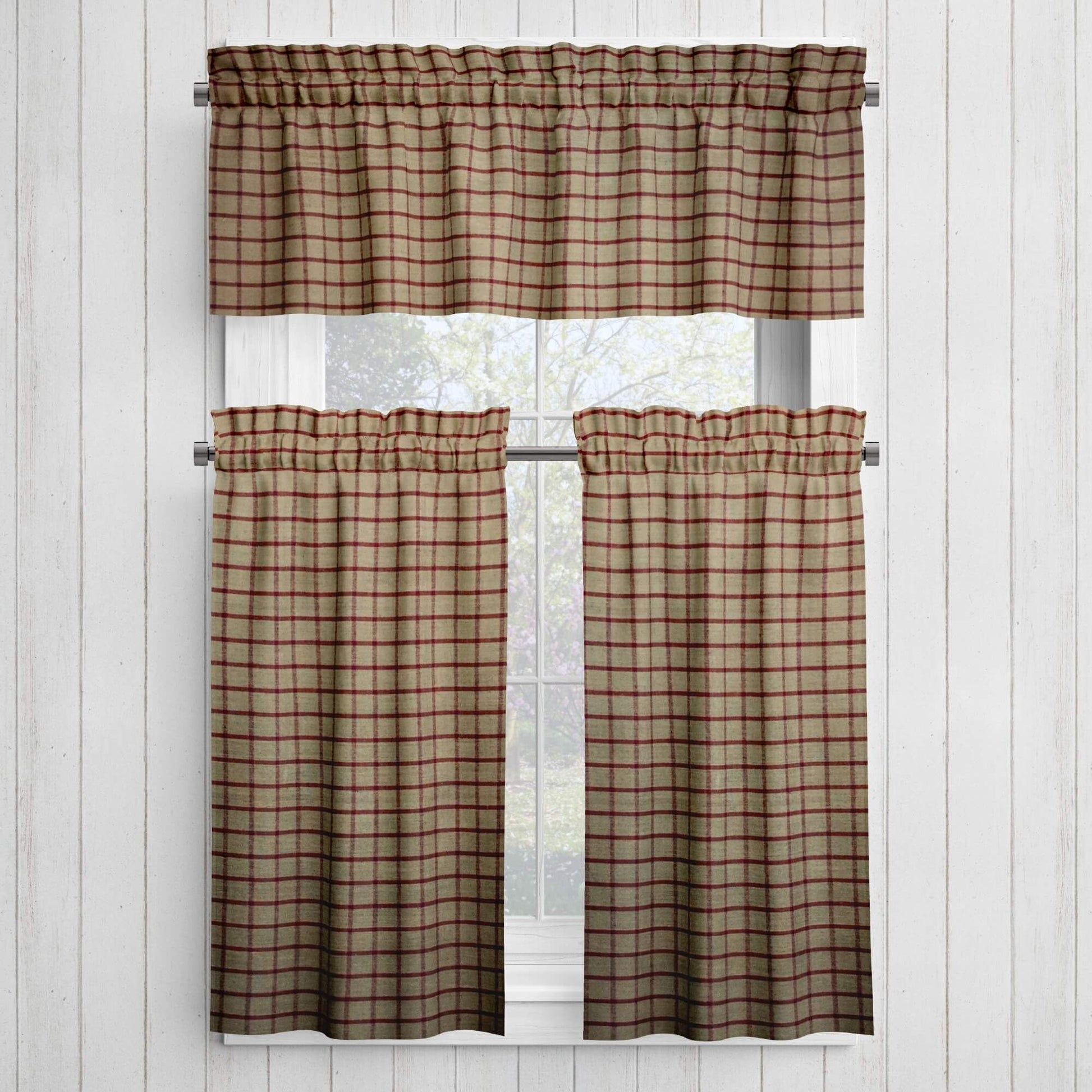 Tan and Red Windowpane Plaid Homespun Valances and Cafe Curtains