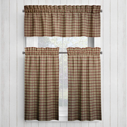 Tan and Red Windowpane Plaid Homespun Valances and Cafe Curtains