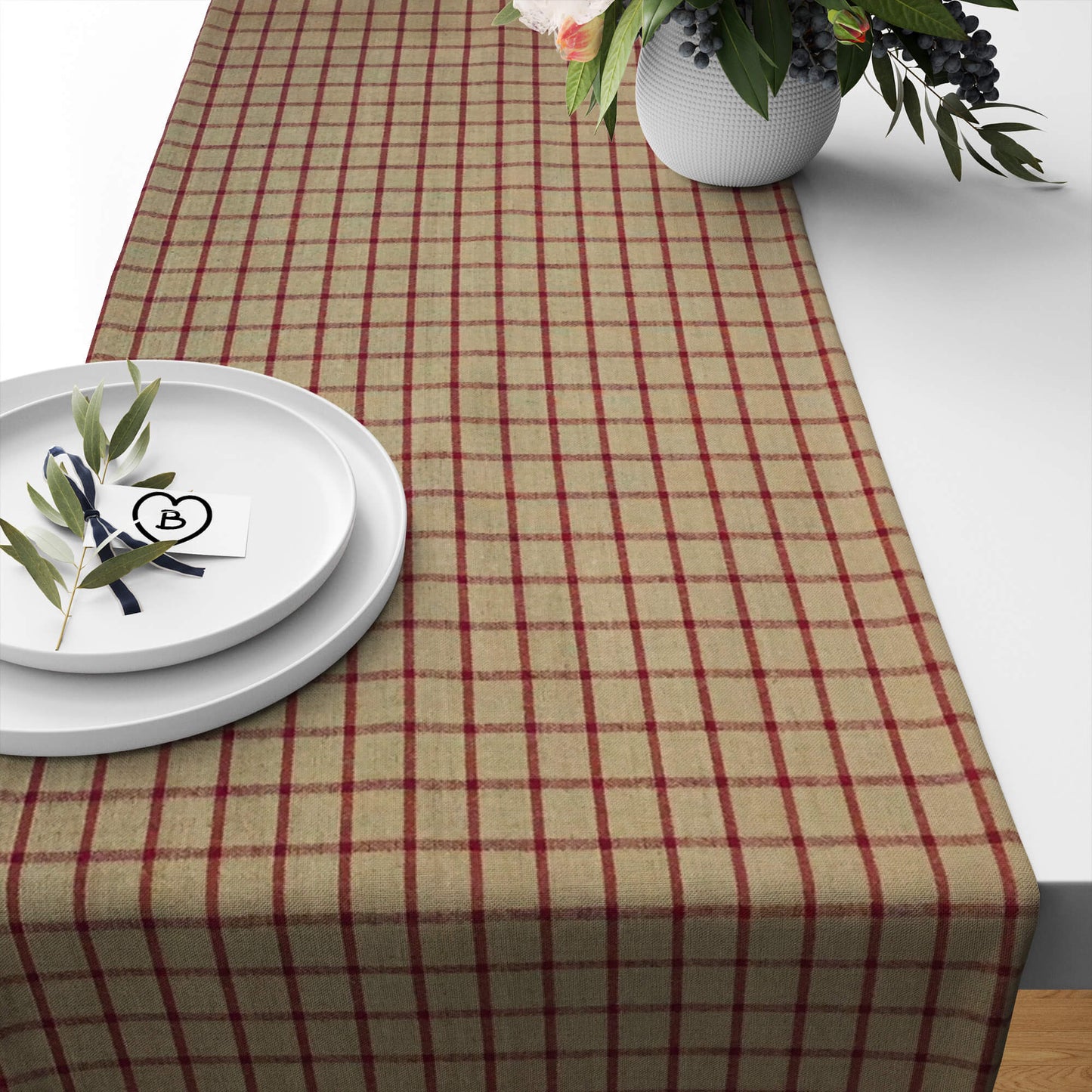 Tan and Red Windowpane Plaid Homespun Table Runners