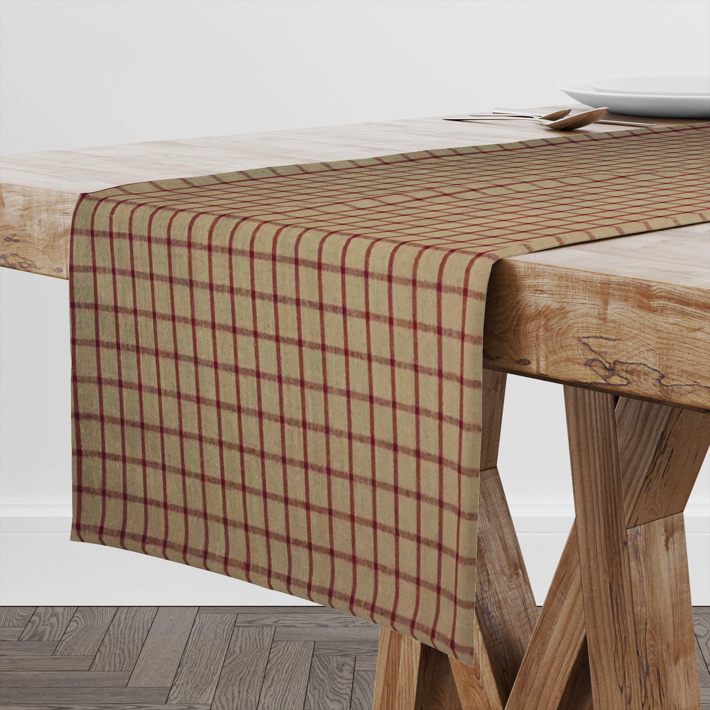 Tan and Red Windowpane Plaid Homespun Table Runners