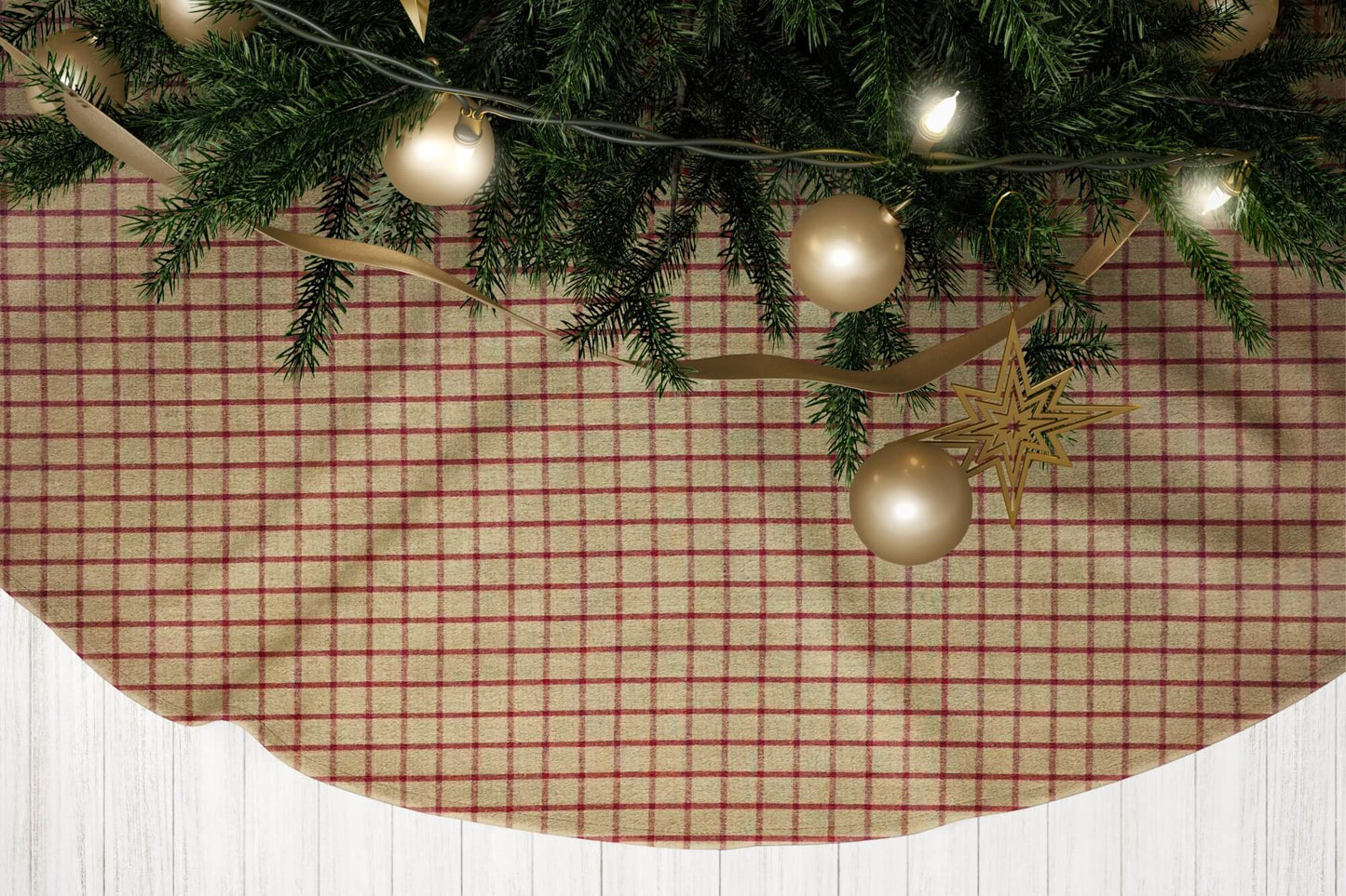 Tan and Burgundy Red Windowpane Plaid Homespun Country Christmas Tree Skirts