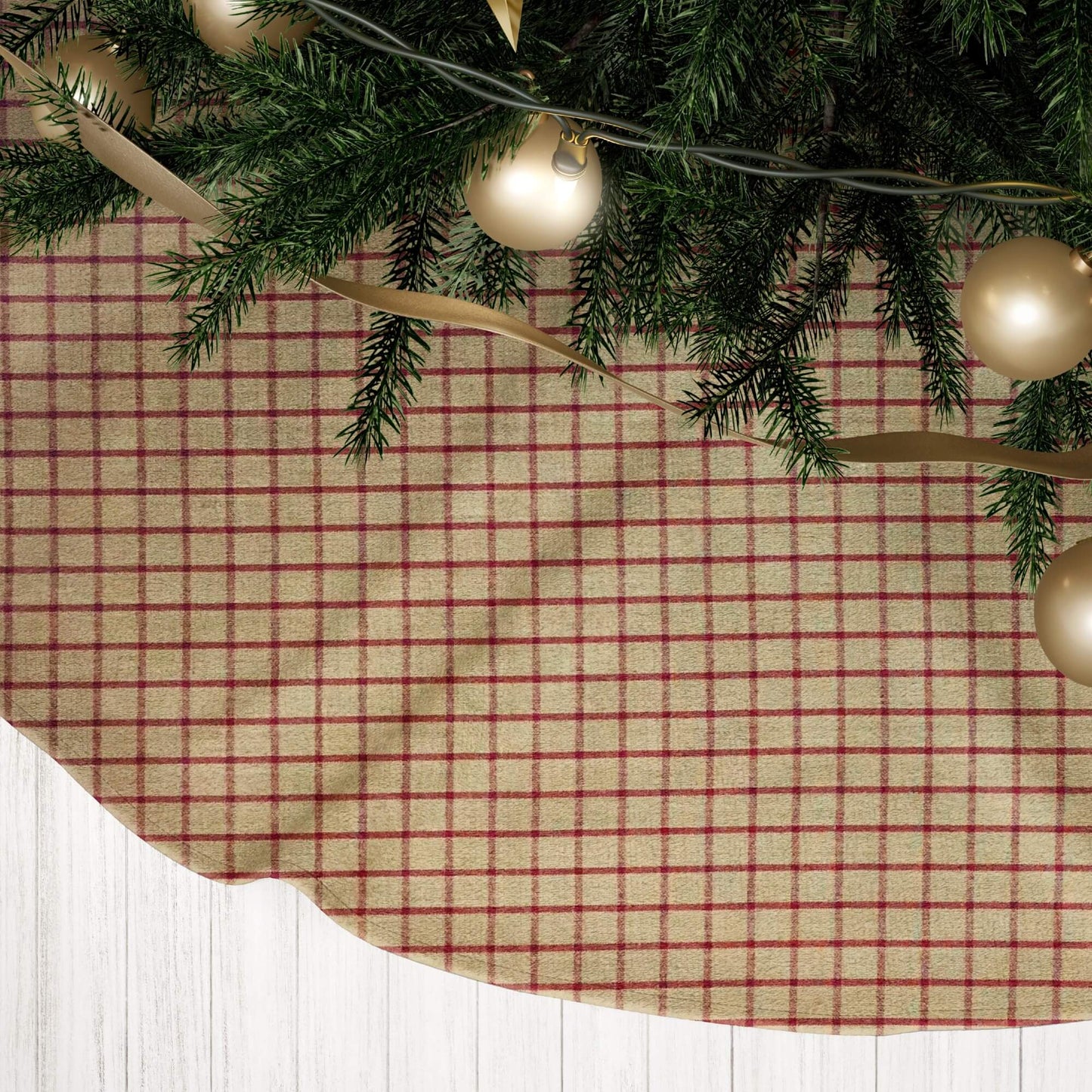 Tan and Burgundy Red Windowpane Plaid Homespun Country Christmas Tree Skirts