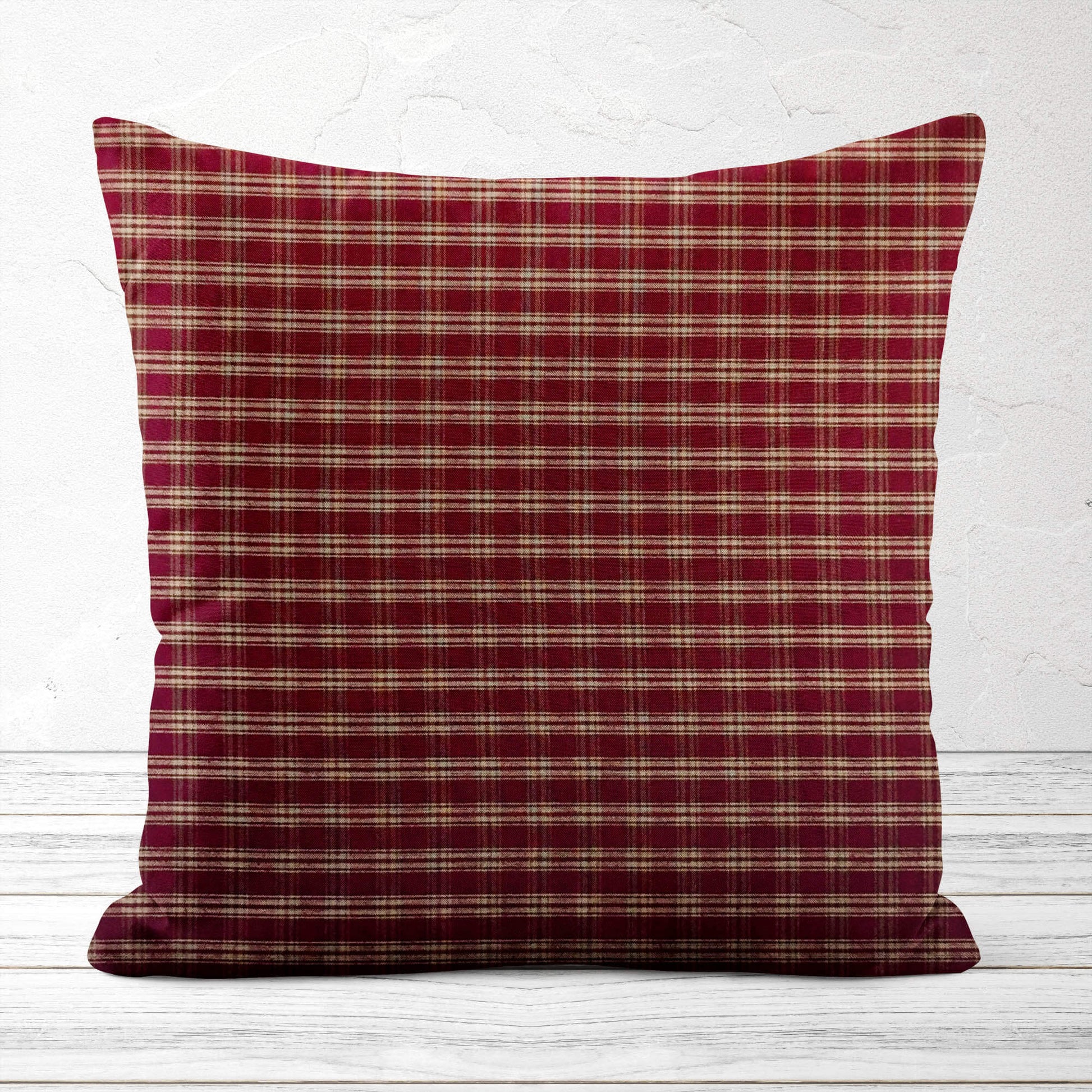 Burgundy Red and Tan Catawba Plaid Homespun Throw Pillow Covers