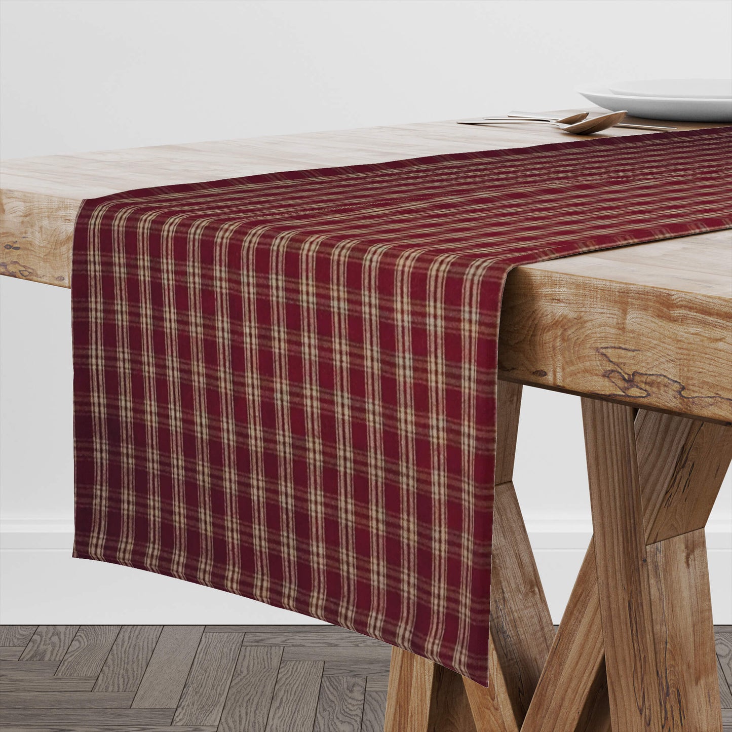 Burgundy Red and Tan Catawba Plaid Homespun Table Runners