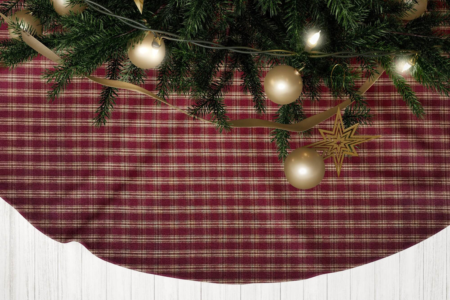 Burgundy Red and Tan Catawba Plaid Homespun Country Christmas Tree Skirts