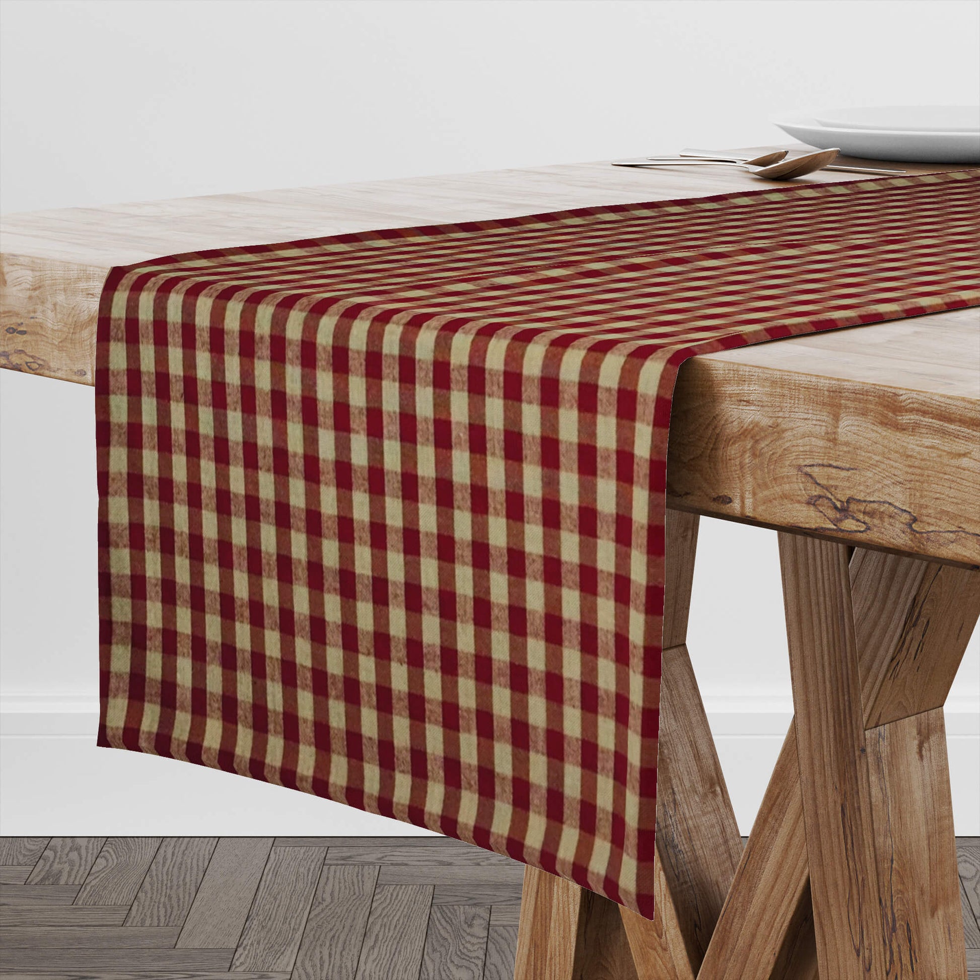 Burgundy Red and Tan Check Homespun Table Runners