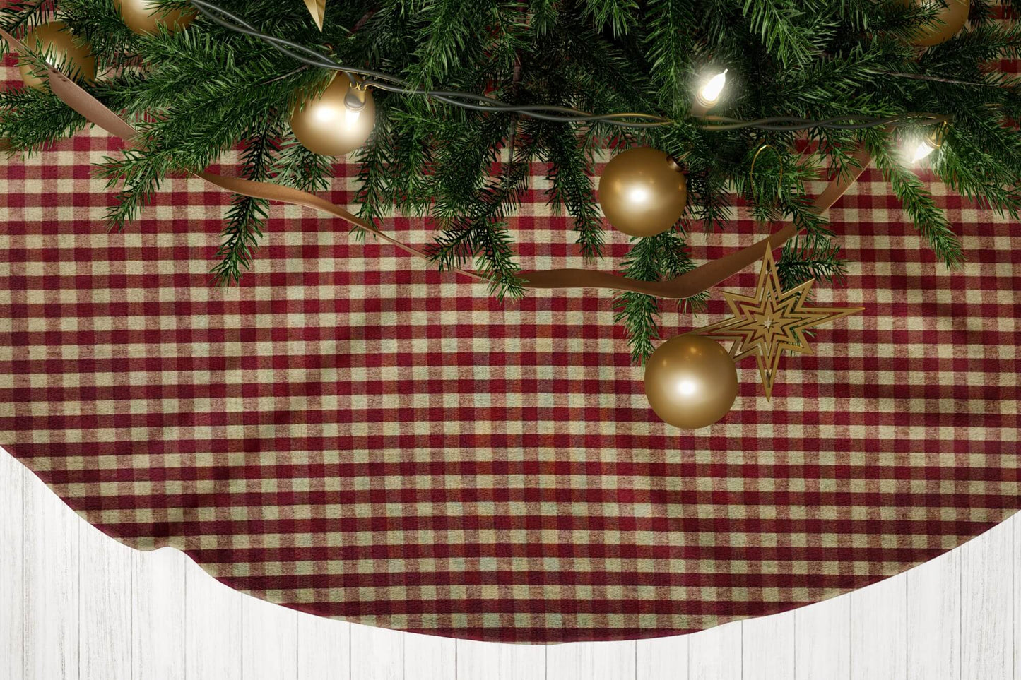 Burgundy Red and Tan Check Homespun Country Christmas Tree Skirts