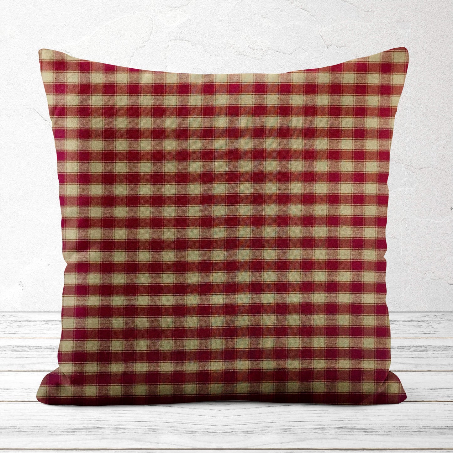 Burgundy Red and Tan House Check Plaid Homespun Throw Pillow Covers