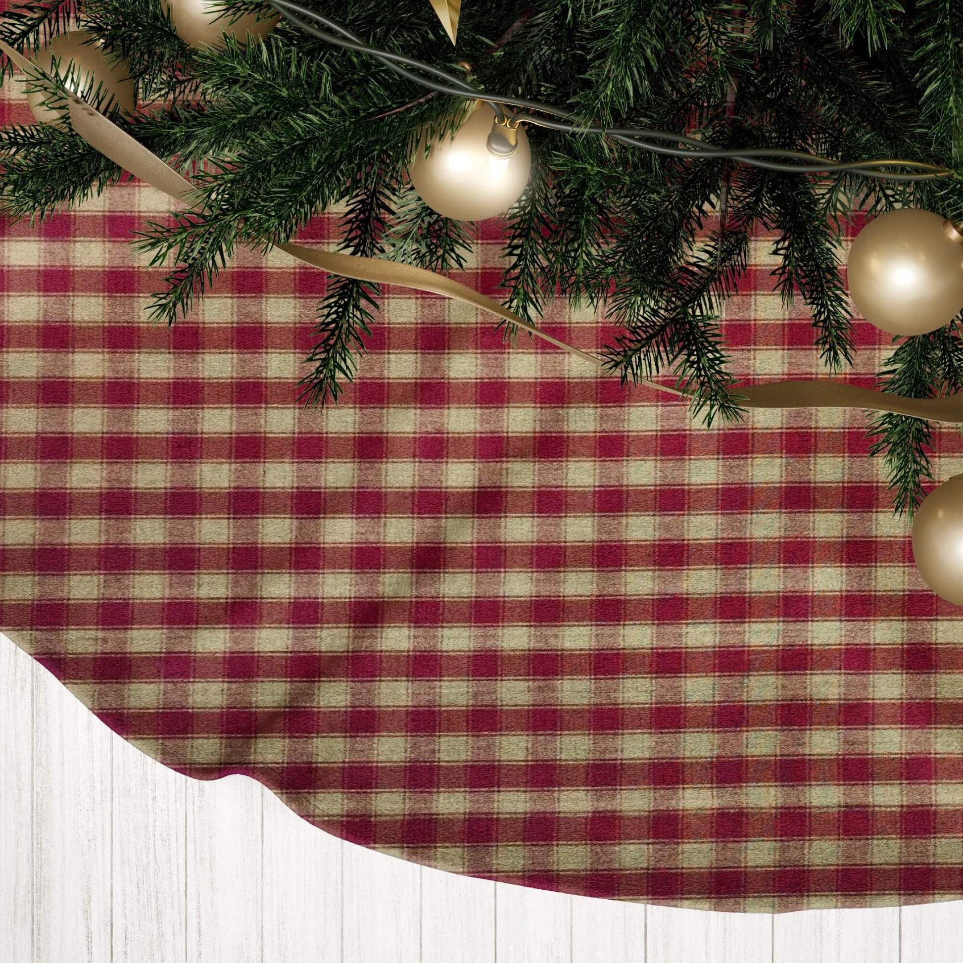 Burgundy Red and Tan House Check Plaid Homespun Country Christmas Tree Skirts