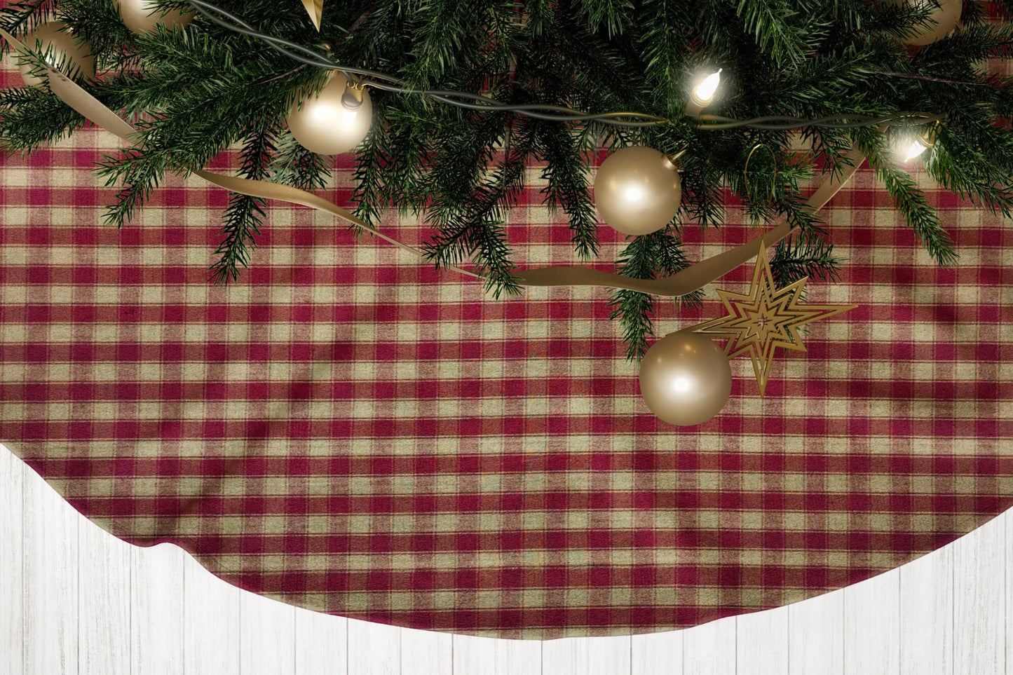 Burgundy Red and Tan House Check Plaid Homespun Country Christmas Tree Skirts