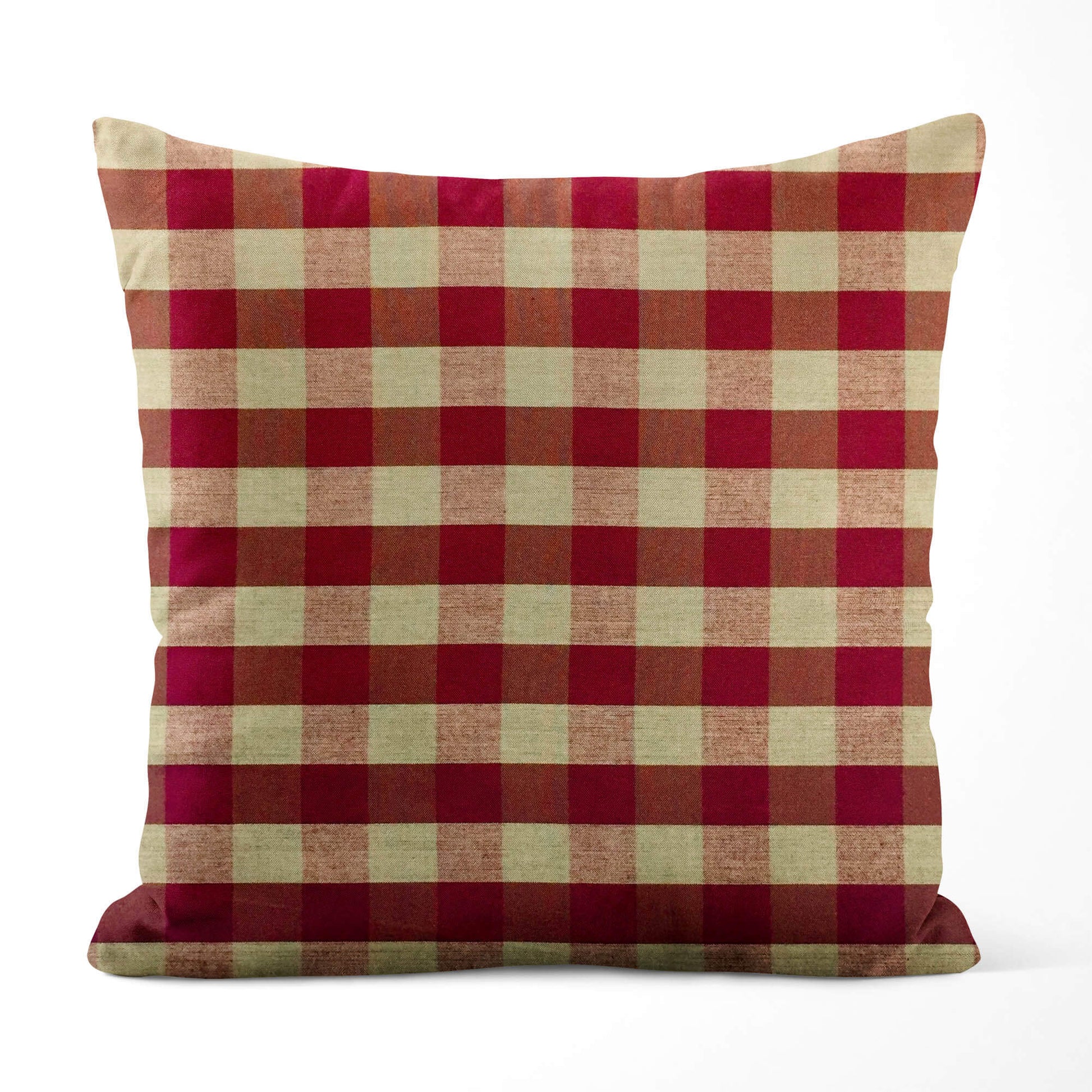 Burgundy Red and Tan Buffalo Check Homespun Throw Pillow Covers