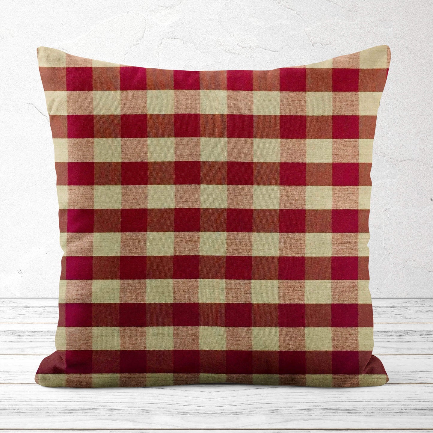 Burgundy Red and Tan Buffalo Check Homespun Throw Pillow Covers