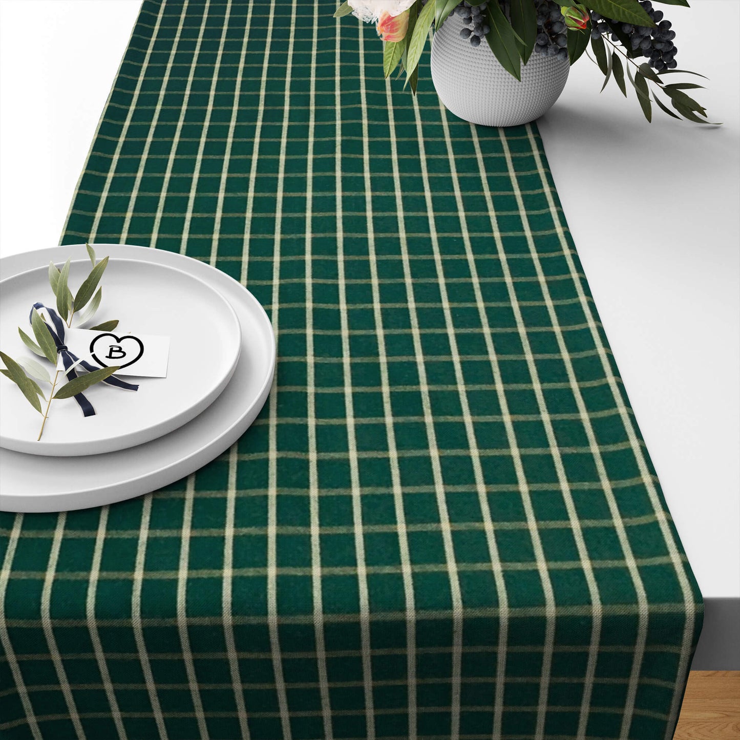 Green and Tan Windowpane Plaid Homespun Table Runners