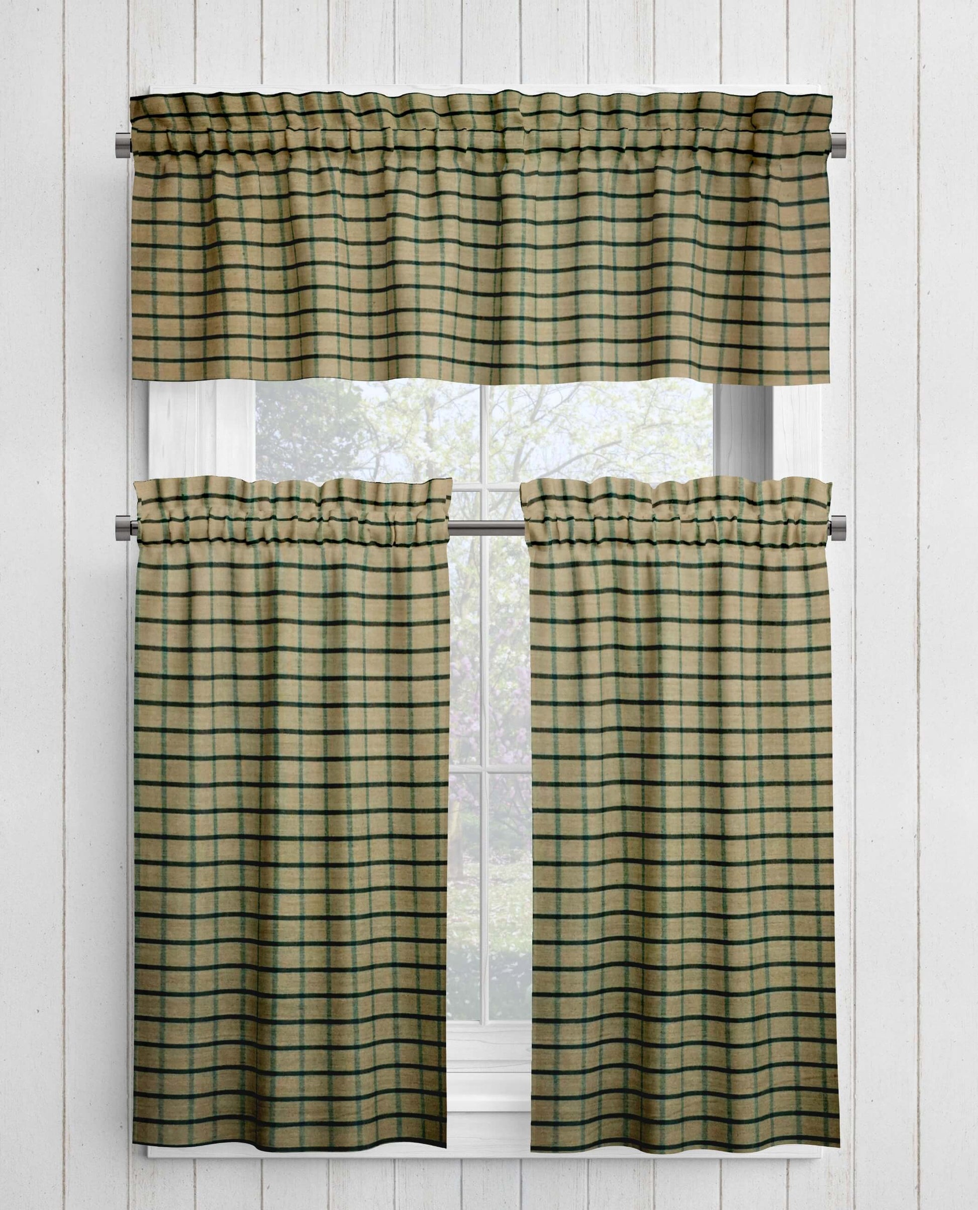 Green and Tan Windowpane Homespun Plaid Valances Cafe Curtains pattern 40