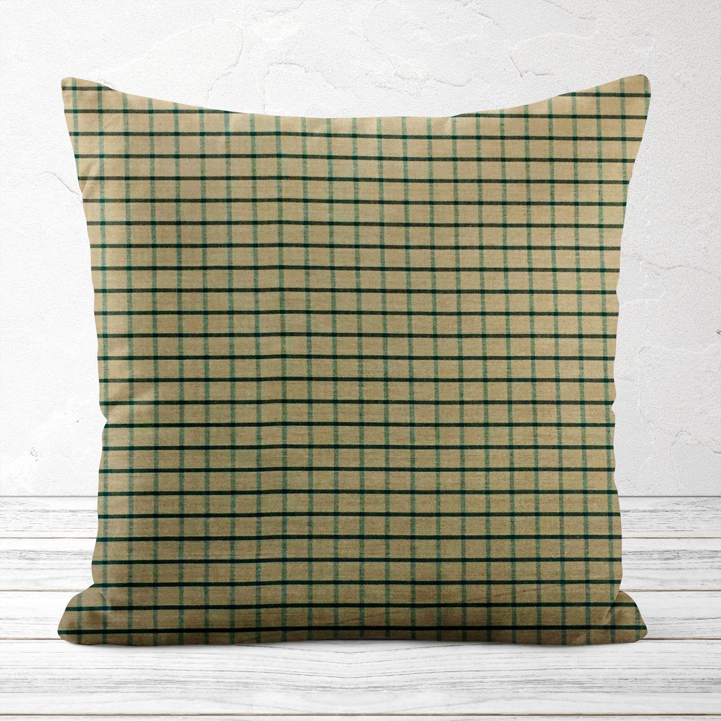 Tan and Green Windowpane Plaid Homespun Throw Pillow Covers