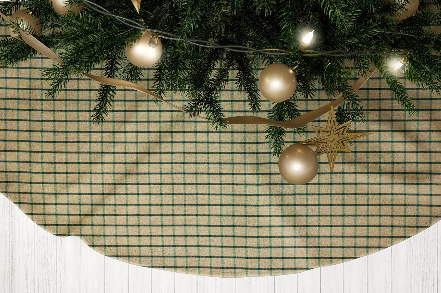 Tan and Green Homespun Windowpane Plaid Country Christmas Tree Skirts